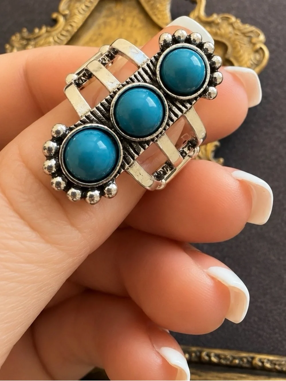 ANTHROPOLOGIE • Silver Triple Turquoise Cabochon Statement Festival Boho Ring